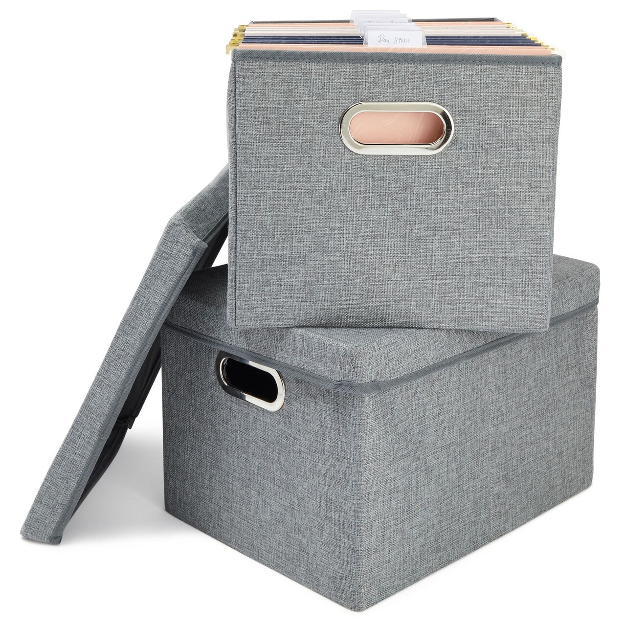 2 Pack Decorative File Boxes Storage with Lids, Filing Organizer Hanging Document Container, Gray, 15.4" x 12.4" x 10"